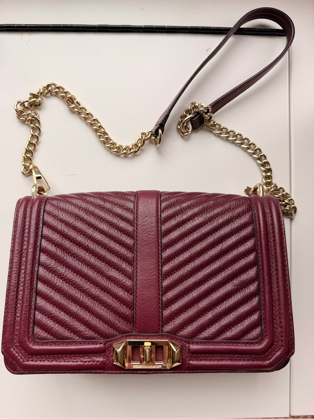 Rebecca Minkoff Burgundy Quilted Leather Crossbody with Gold Chain